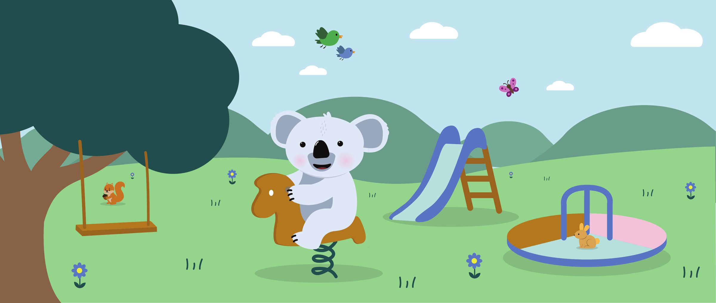 Illustratie voor de wachtzaal van de spoed: Kiko de koala op een veerpaardje in een speeltuin met heuvels, een glijbaan en dieren