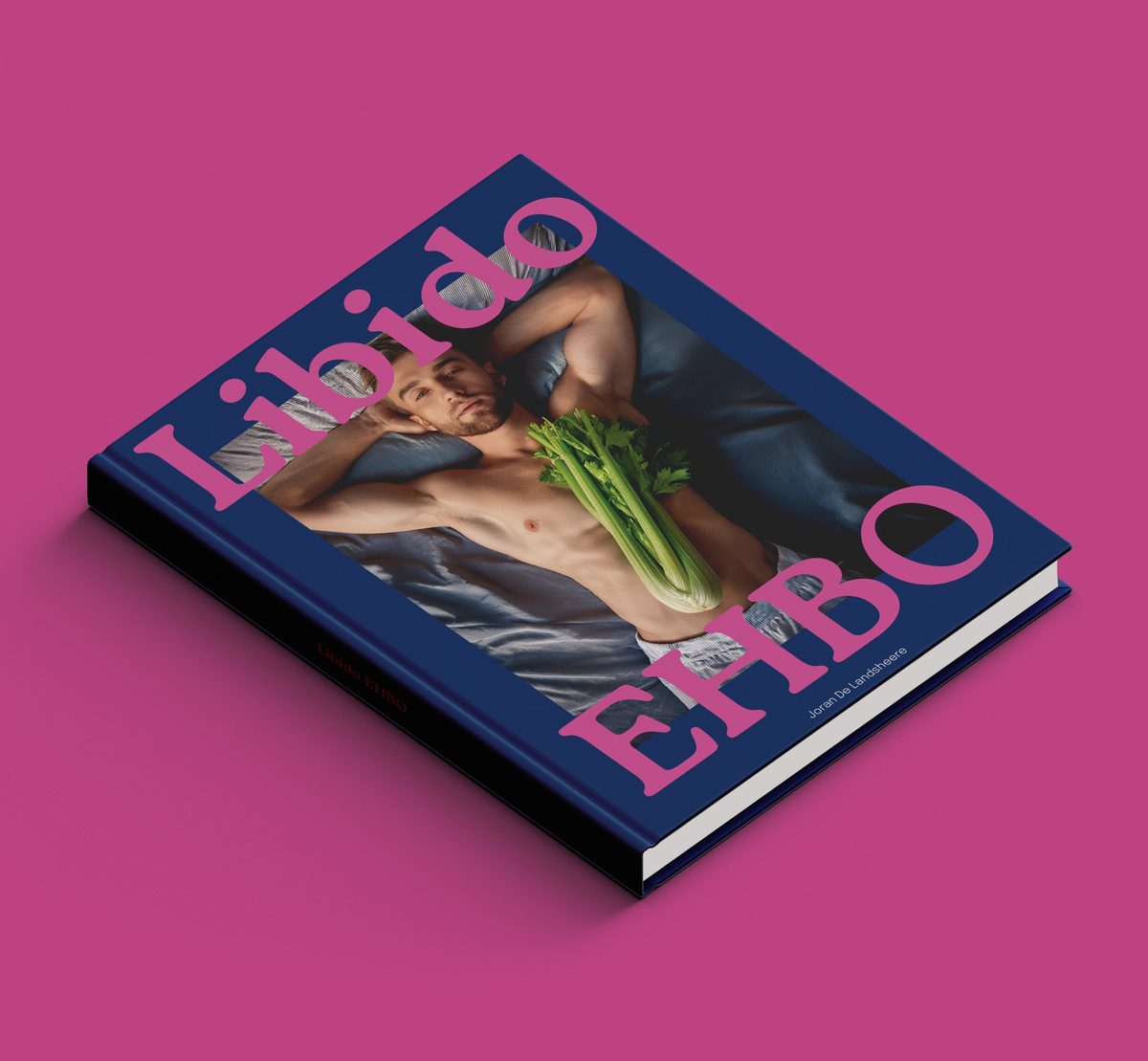 Hardcover kookboek Libido EHBO met roze titel op een donkerblauwe cover